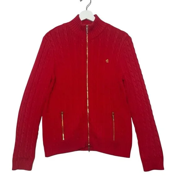 Ralph Lauren Women Sweater Cardigan Cable Knit Large Petite Red Christmas - Picture 2 of 13